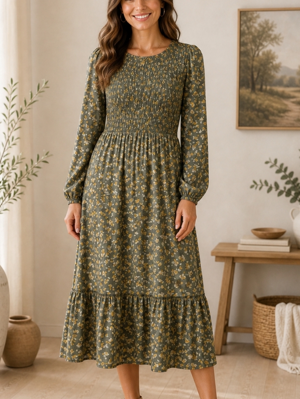 Lost + Wander Olive Green Floral Smocked Midi Dress Size XL